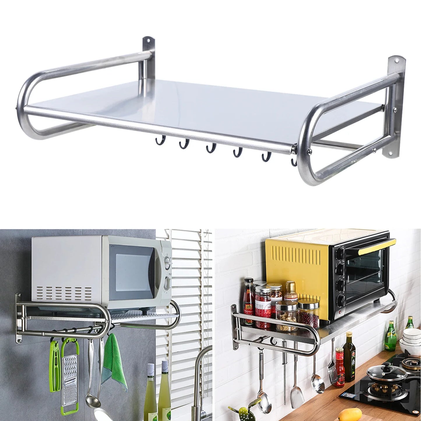 Microwave Oven Rack, Durable Stainless Steel Kitchen Organizer, Wall-Mounted Shelf with 614 lbs Load Support for Storage Needs