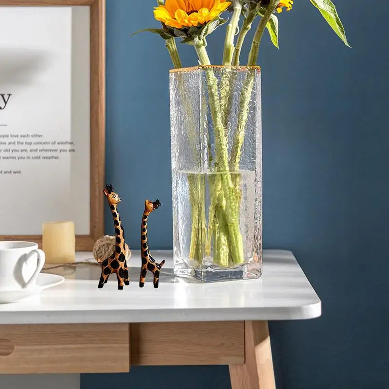 Wooden Giraffe Sculptures Couple giraffe Standing Tabletop Animal Statue Handcraft Home Office Ornament Figurine