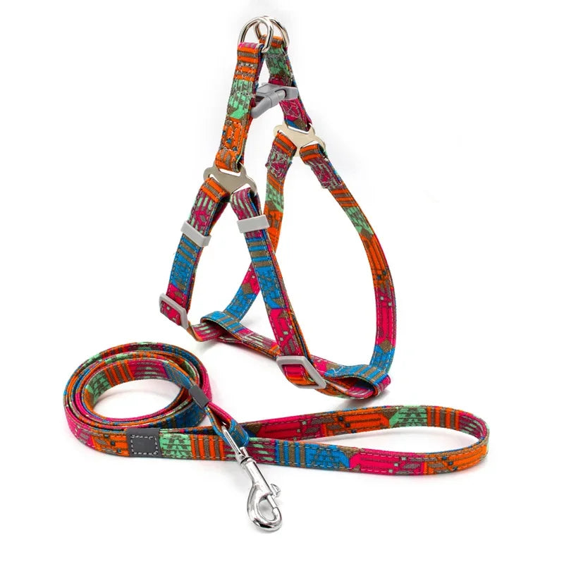 No Pull Dog Harness Set with 1.2m Dog Leash Size Adjustable Canvas Print Harness for Dogs Pitbull Leashes Dog Supplies for Pet