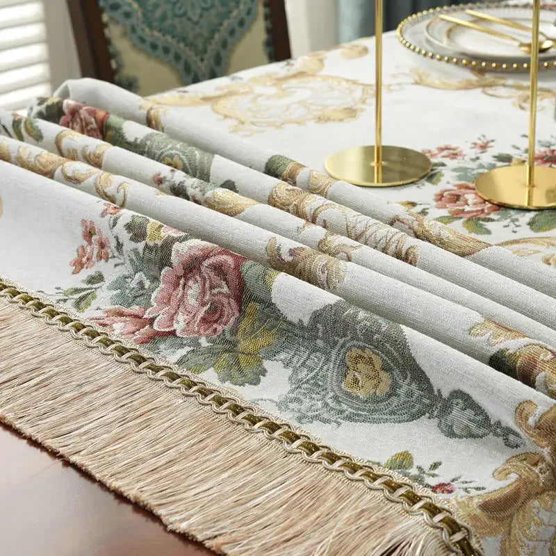 European Style Flower Tassel Tablecloth Thicken Chenille Rectangular Table Cover Round Dining Table Coffee Cloth Dust-proof