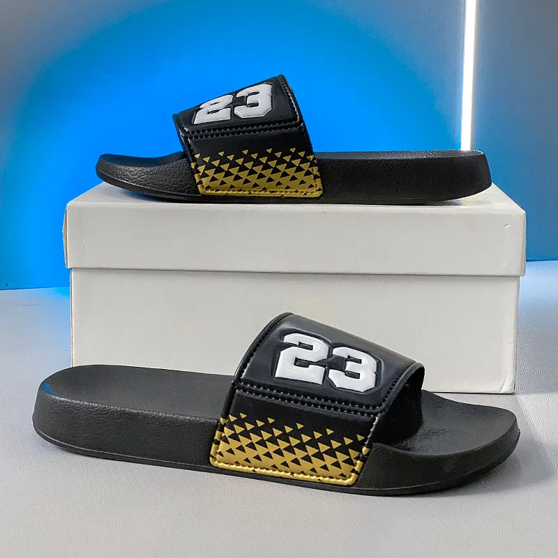 (Couple Model) Numbers No. 23 Men's and Women's Slippers, Soft Eva Flat Non-Slip Family Slippers, Men's Bathroom Slippers, Summer Men's Beach Slippers, Plaid and Durable, Suitable for Daily Casual Wear at Home and Outdoors