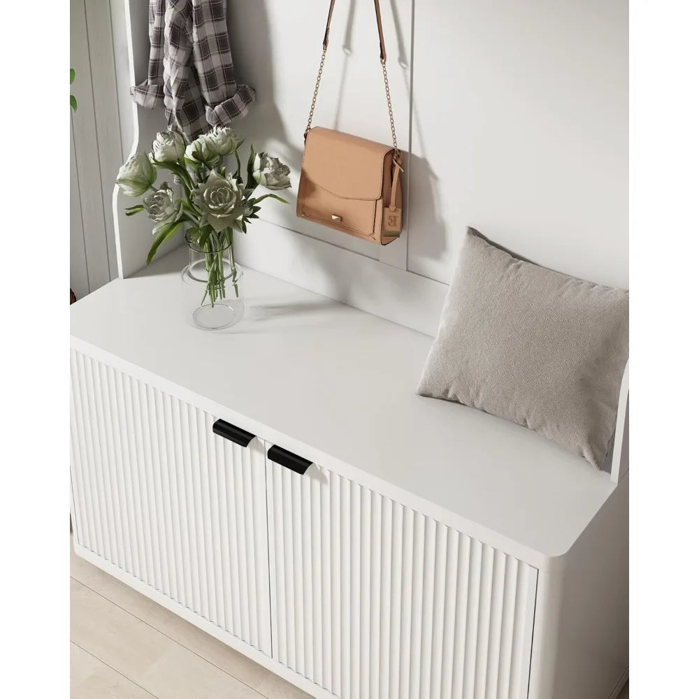 Tree with Bench and Shoe Storage,Morden Fluted Entryway Coat Rack with Shoe Bench Cabinet, Entryway Furniture