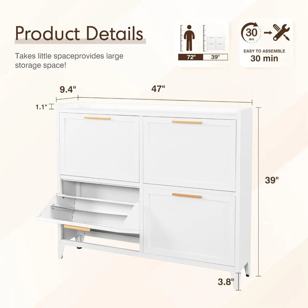 Narrow Shoe Cabinet with 4 Flip Drawers, Metal Slim Shoe Storage Cabinet for Entryway, Freestanding Hidden Shoe Rack Organizer