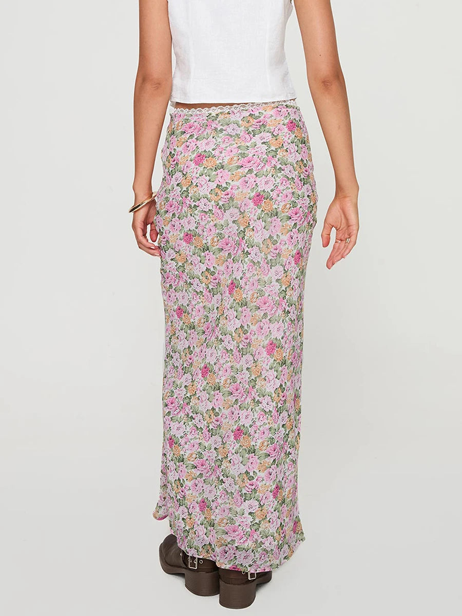 Women s Boho Maxi Skirt with Ruffle Hem and Tie Waist Elegant Floral Print Long Skirt for Summer Beach Vacation