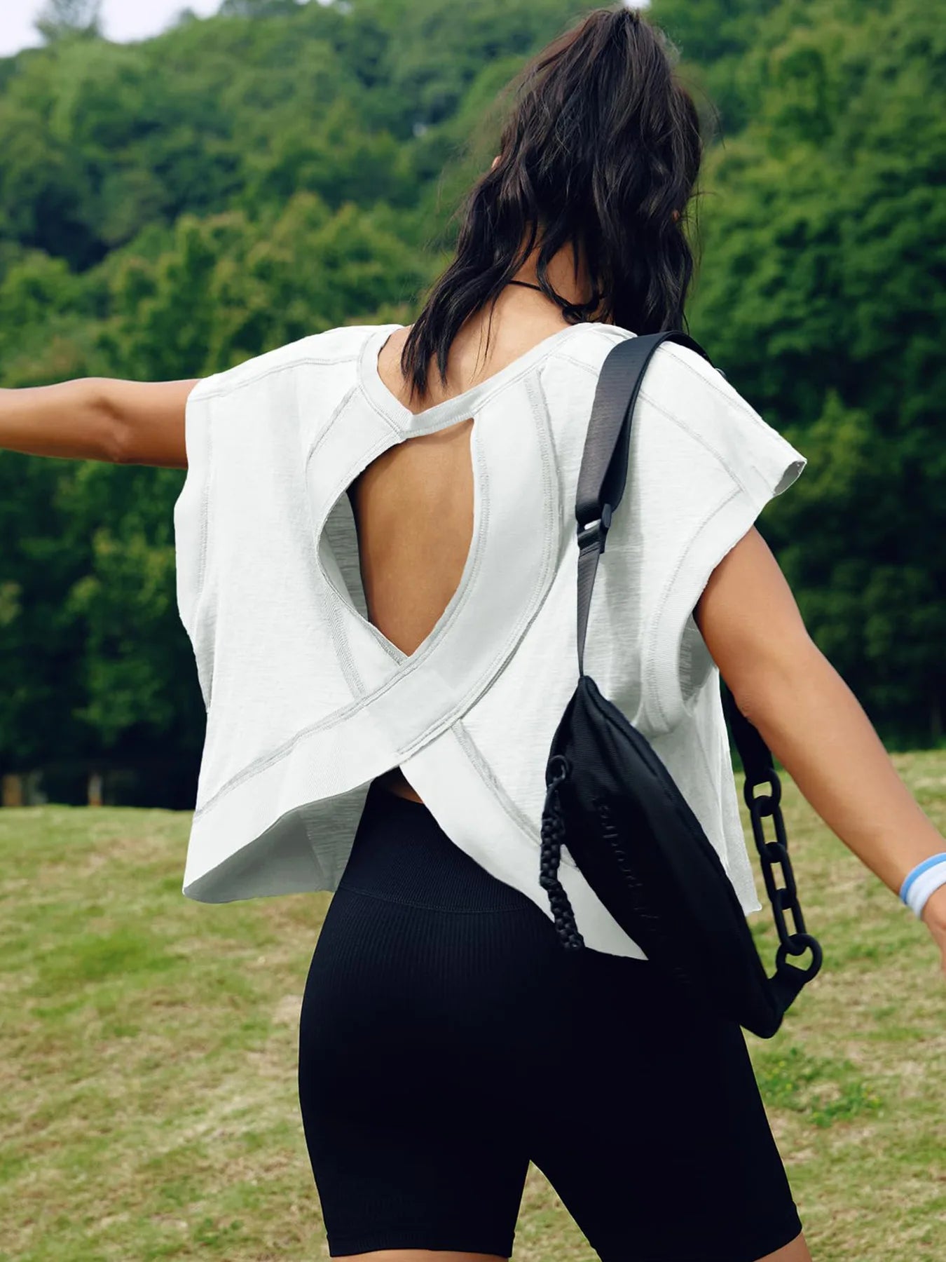 Women’s Summer Cotton Workout Tops Open Back Short Sleeve Blouses Y2k Athletic T-shirt Casual Gym Yoga Tee