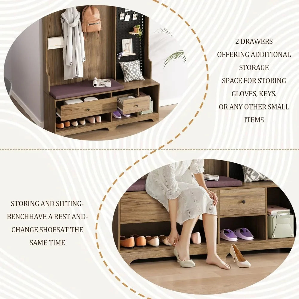 Hall Tree with Bench And Shoe Storage,6-In-1 Hall Tree with Coat Rack And Drawer,Entryway Hall Tree with 4 Hooks And Removable C