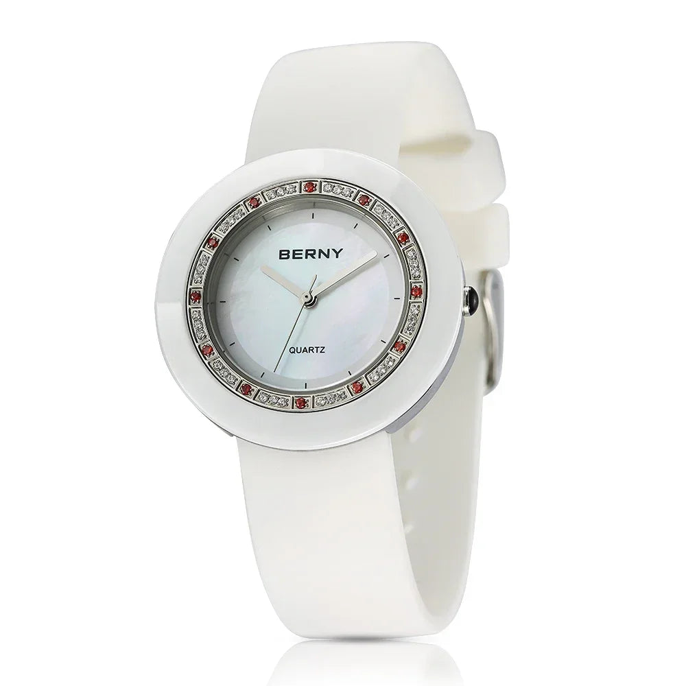 BERNY Women's Bracelet Watches Diamond Ceramics Watch Luxury Wristwatch Quartz Watch Waterproof Ultra Light weight Women Watch