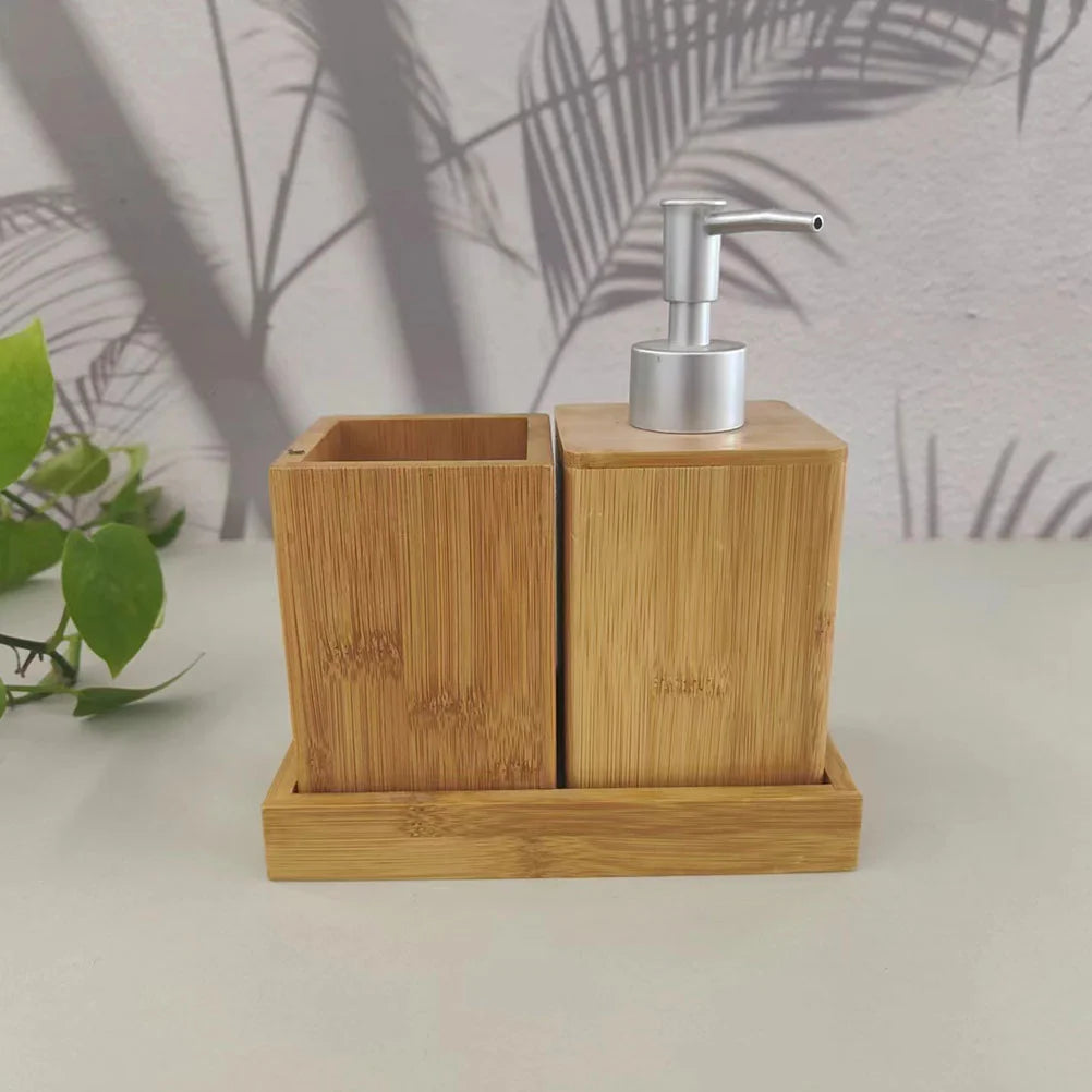 Bamboo Bathing Accessories Set Toothbrush Cup Hand Soap Dispenser Shampoo Container Storage Lotion Bottle Bathroom Necessities
