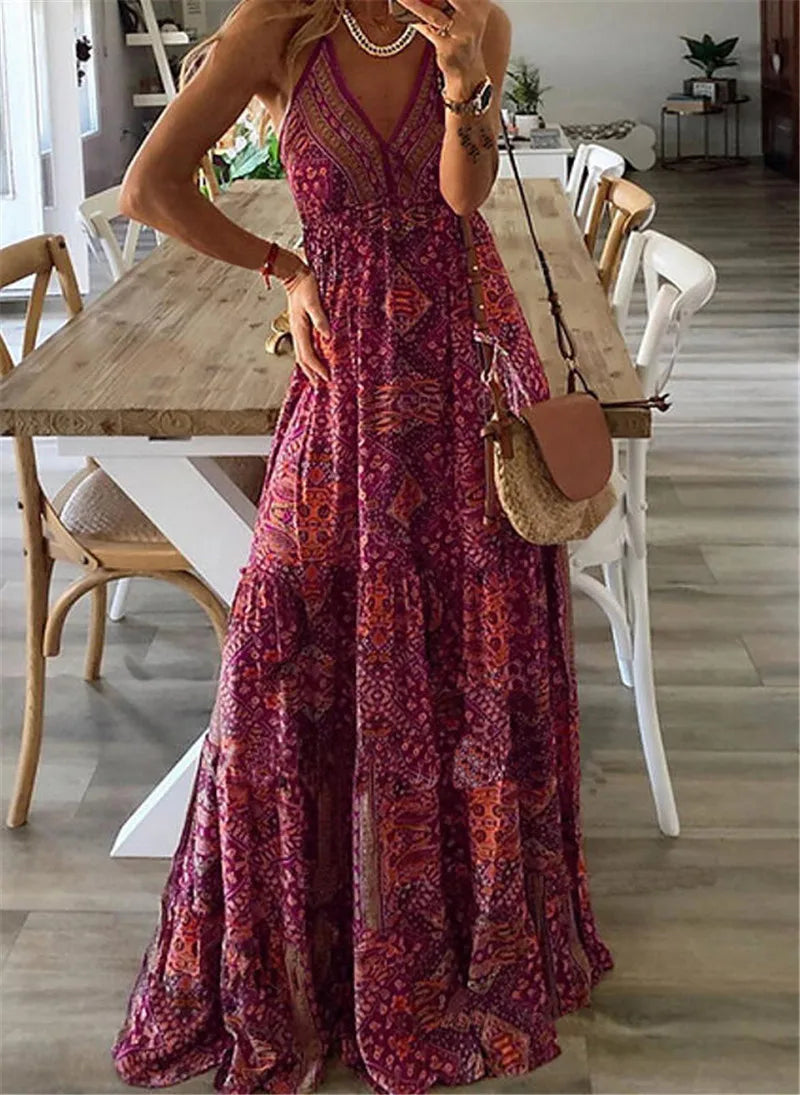 Bohemian Style Women's Clothing Long Dress New Suspender Long Dress High Waist V-neck Printed Floral Dress Women's Clothing