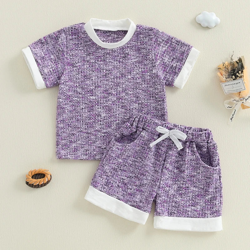 2025-02-21 Lioraitiin Toddler Boy Girl Shorts Set Short Sleeve T-shirts Elastic Waist Shorts Waffle Outfit Casual Summer Clothes