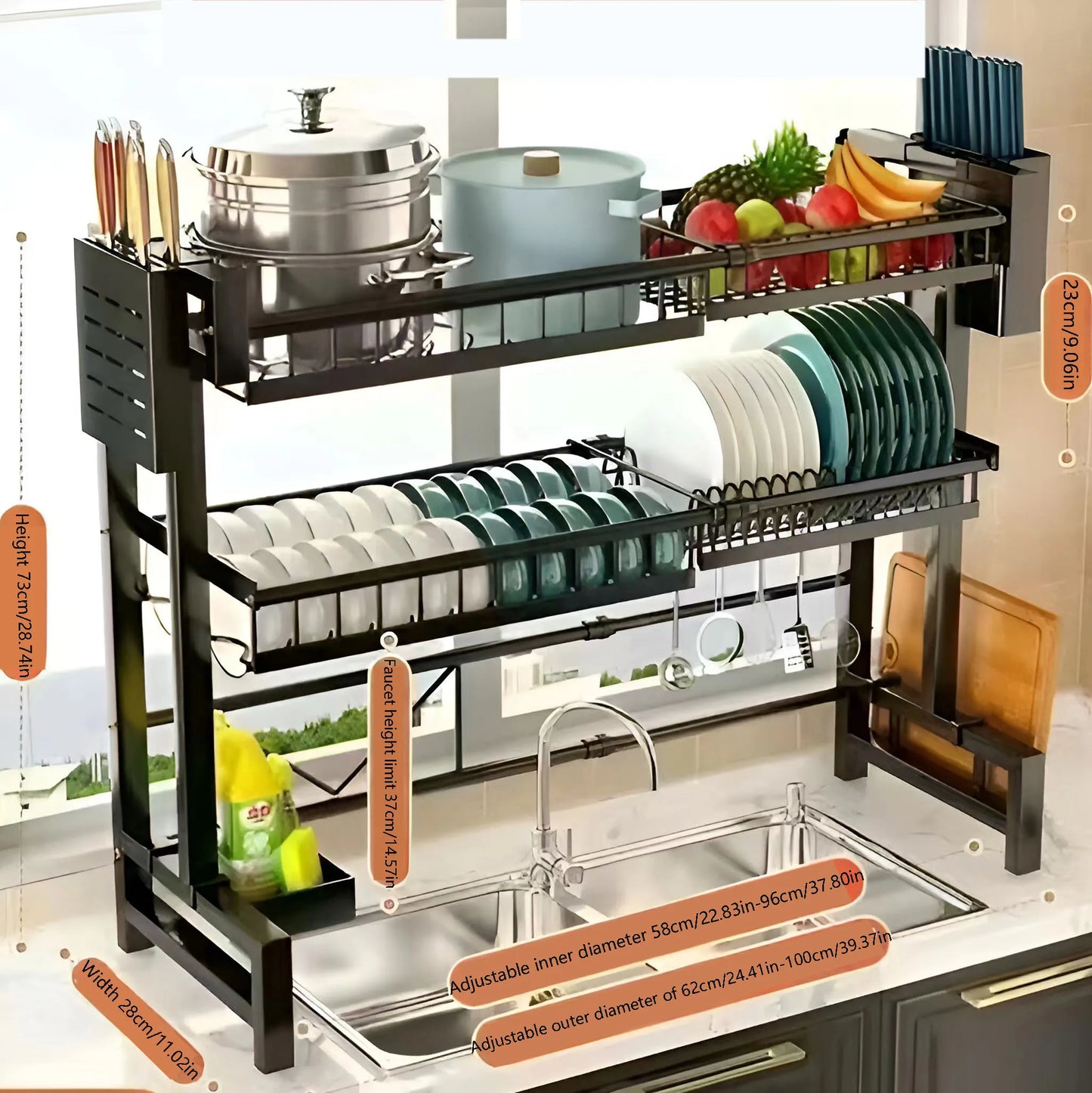 1pc countertop cutlery storage drainage rack expandable kitchen sink shelf bowl rack drain black kitchen organizer
