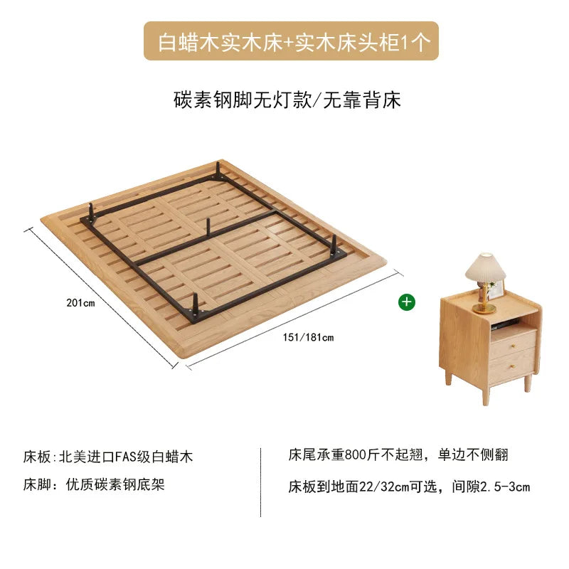 Suspended Bed Minimalist Ash Wood Bedside Frame 2023 New Wabi **** Wind Master Bedroom Simple Pure Solid Wood Bed With Lamp