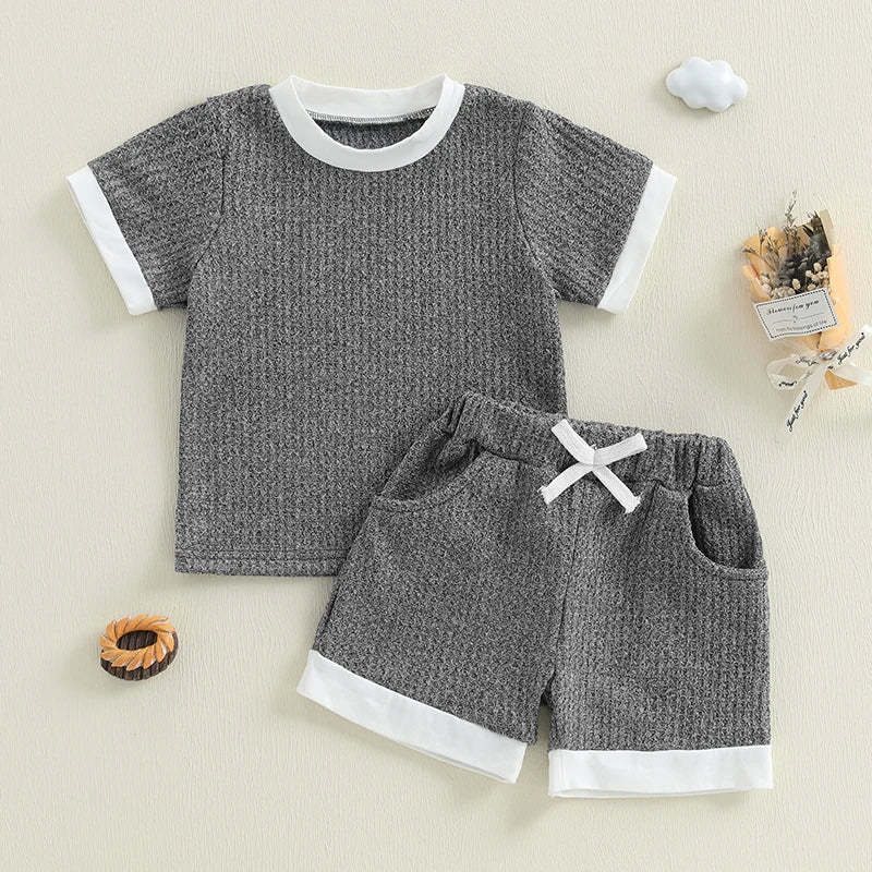 2025-02-21 Lioraitiin Toddler Boy Girl Shorts Set Short Sleeve T-shirts Elastic Waist Shorts Waffle Outfit Casual Summer Clothes