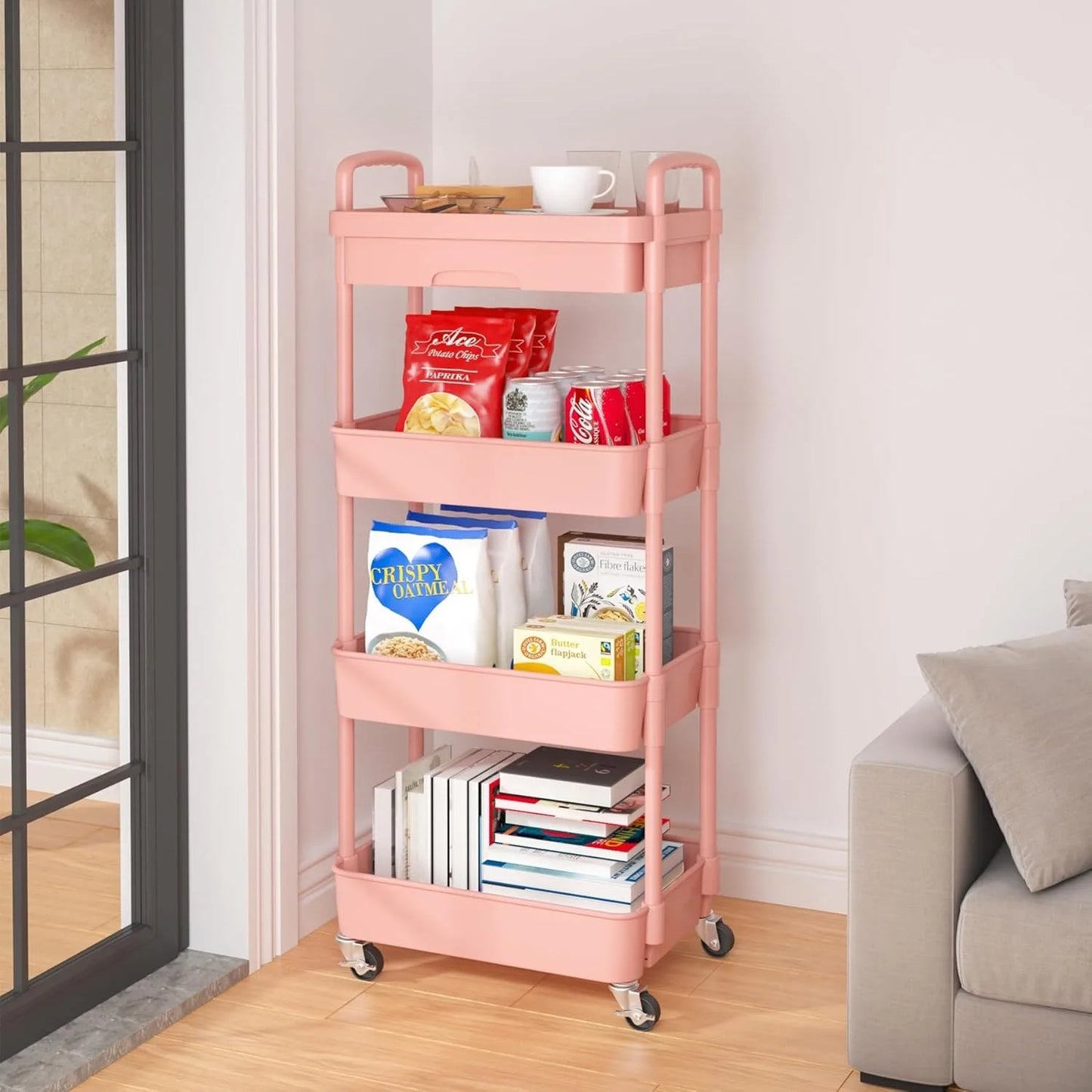 4-Tier Rolling Utility Cart with Drawer,Multifunctional Storage Organizer with Plastic Shelf & Metal Wheel,Storage Cart,Pink