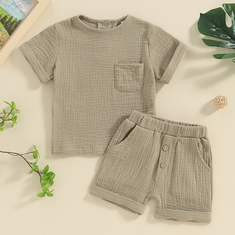 Newborn Baby Boys Summer Clothes Sets Solid Cotton Linen Pocket Short Sleeve T-shirts+Button Pocket Shorts Beach Casual Outfits