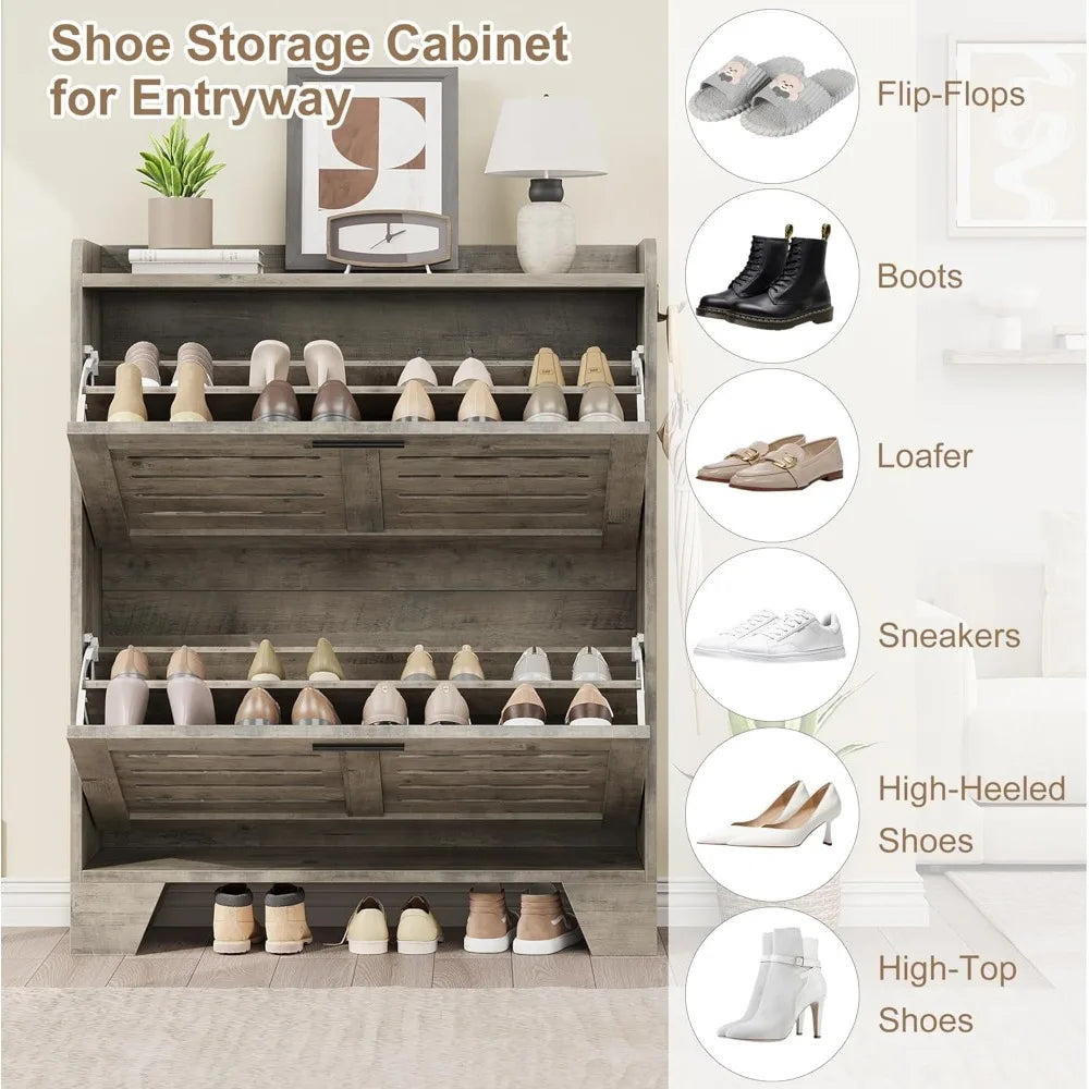 Shoe Cabinet Storage for Entryway, Narrow Shoe Cabinet with 2 Flip Drawers,Freestanding Hidden Slim Shoe Organizer Cabinet with