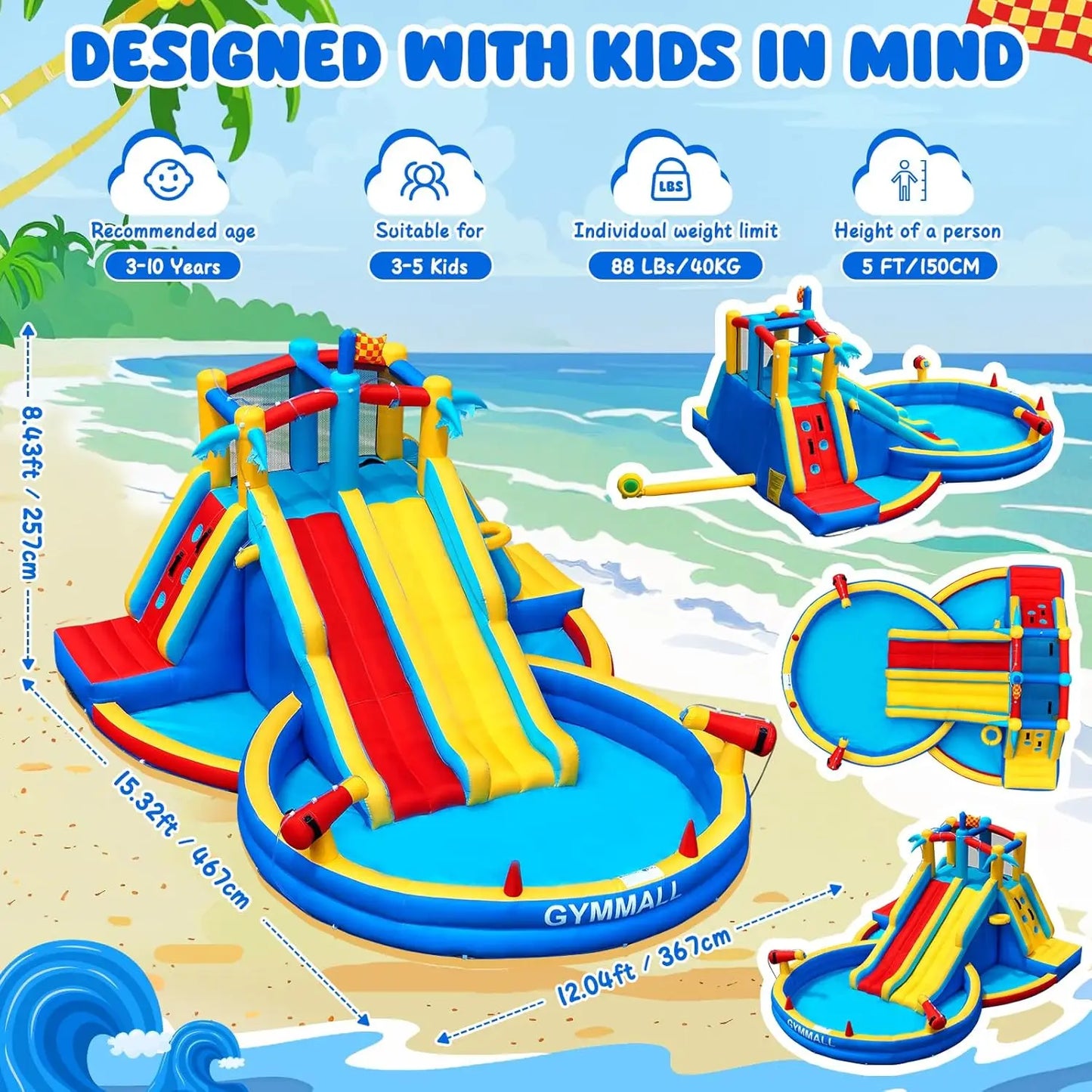 Inflatable Water Slide Bounce House with 550 W Blower, Blow up 8-in-1 Waterslide Park Bouncy Castle for Kids Outdoor and Indoor,