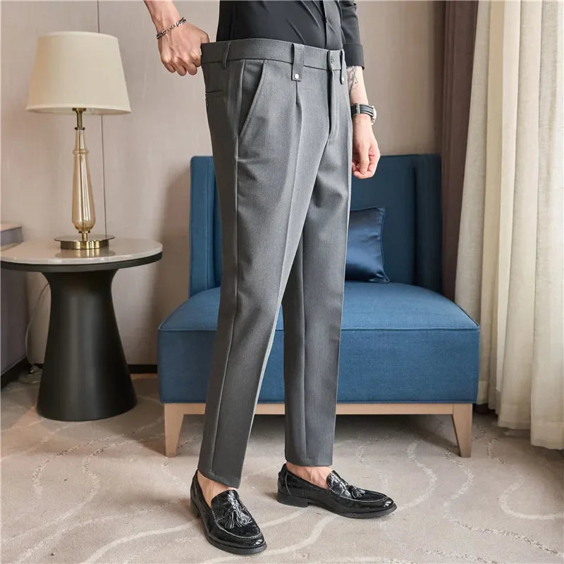 Mens Suit Pants 2025 Autumn New British Style Elastic Waist Solid Casual Formal Dress Pants Slim Fit Trousers for Men Clothing