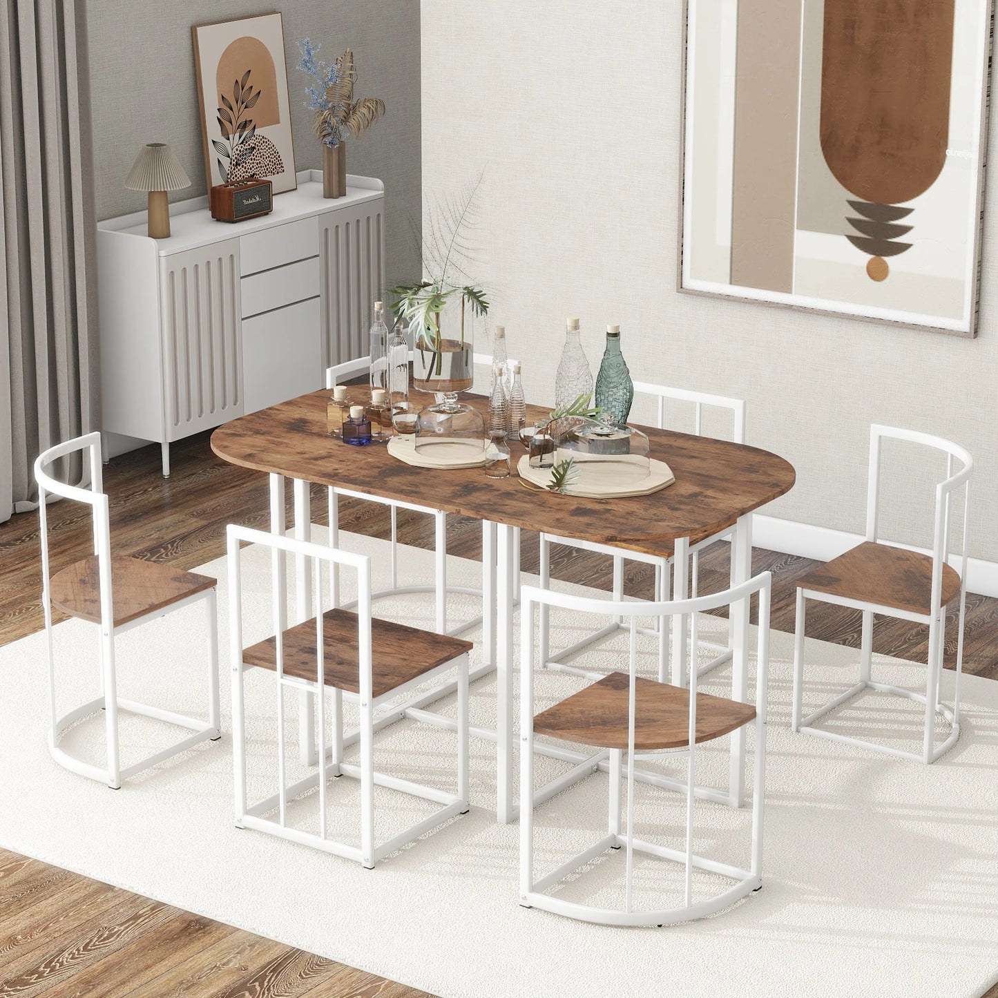 TOPMAX Modern 7-Piece Dining Table Set with Faux Marble Compact 55Inch Kitchen Table Set for 6