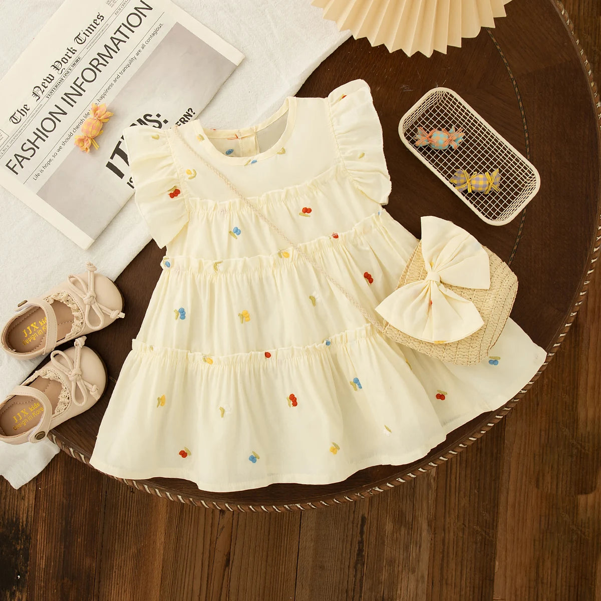 Baby Girl Clothes Summer New Floral Pattern Solid Color Round Neck Simple Girl Kid's Dress Cute Casual Baby Dresses With Bag