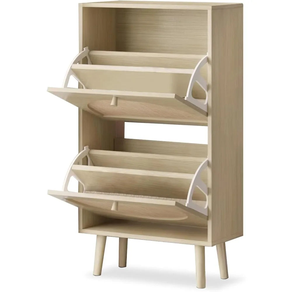 Shoe Cabinet with 2 Flip Drawers, 2 Tier Freestanding Organizer, Rattan Storage Cupboard for Entryway, Hallway, Living Room