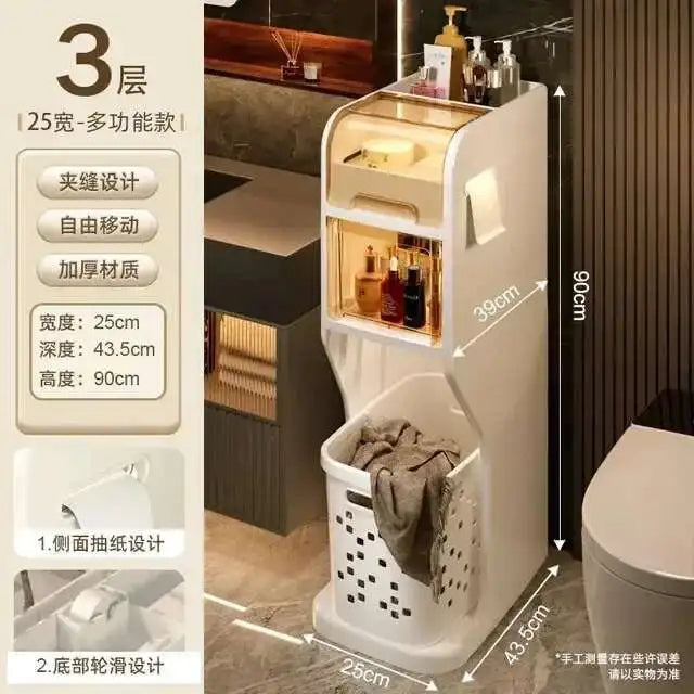 Bathroom Gap Storage Cabinet Toilet Movable Storage Rack with Drawer Bathroom cabinet Floor Shelve with Dirty Clothes Basket Z