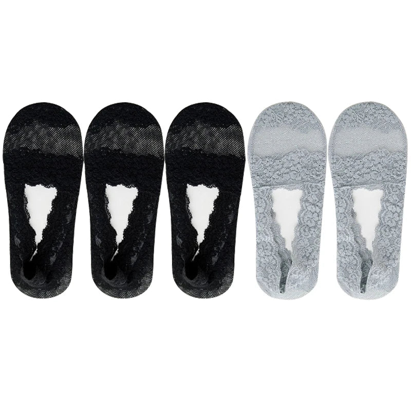 5 Pairs Socks Women's Lace Invisible Short No-Show Ankle Foot Summer Cotton Transparent White Low Cut Boat Sock