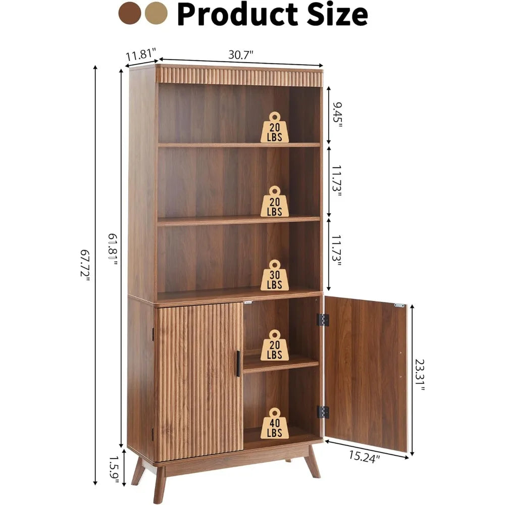 68" Fluted Tall Bookcase with Storage Cabinet,Mid-Century Modern 5-Tiers Arched Bookshelf Cabinet with Doors