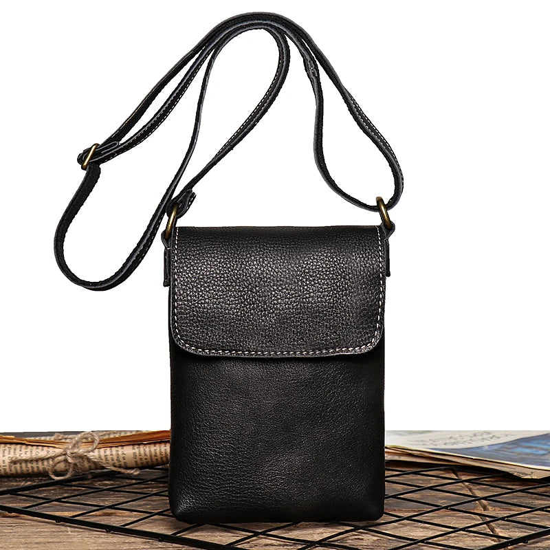 Retro Flip Black Small Shoulder Bag for Men Genuine Leather Sling Crossbody Bags Minority Design Man Simple Mobile Phone Bag
