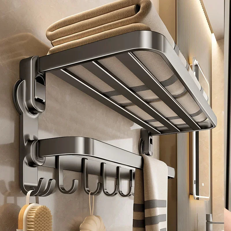 Bathroom Suction Cup Towel Rack, Wall Mounted Foldable Storage Rack, Non Perforated Aluminum Alloy Storage Bracket with Hooks