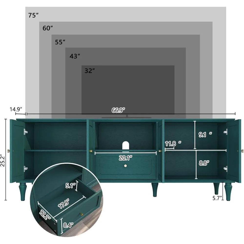 67'' Mid-Century Modern TV Stand with Storage Drawer and Doors, Long TV Stand with Adjustable Shelves for 75 Inch TV for Living