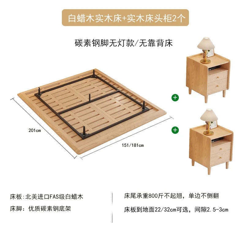 Suspended Bed Minimalist Ash Wood Bedside Frame 2023 New Wabi **** Wind Master Bedroom Simple Pure Solid Wood Bed With Lamp