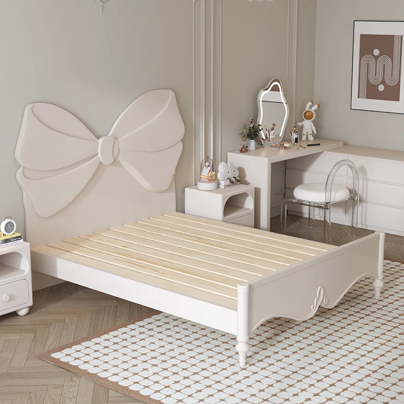 Girl Princess Bed French Cream Wind Children's Bed SingleWhite Bow Girls Full Solid Wood Bedroom