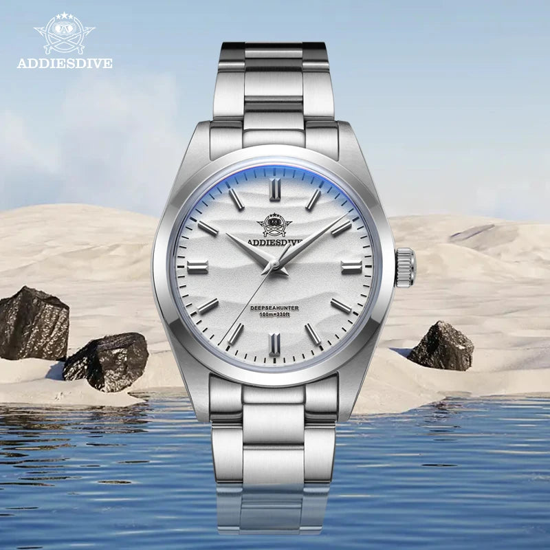 ADDIESDIVE Men's Watch 36mm Quartz Watch Diving 100m Sand Dial 316L Stainless Steel AR Bubber Glass Fashion WristWatch for Men