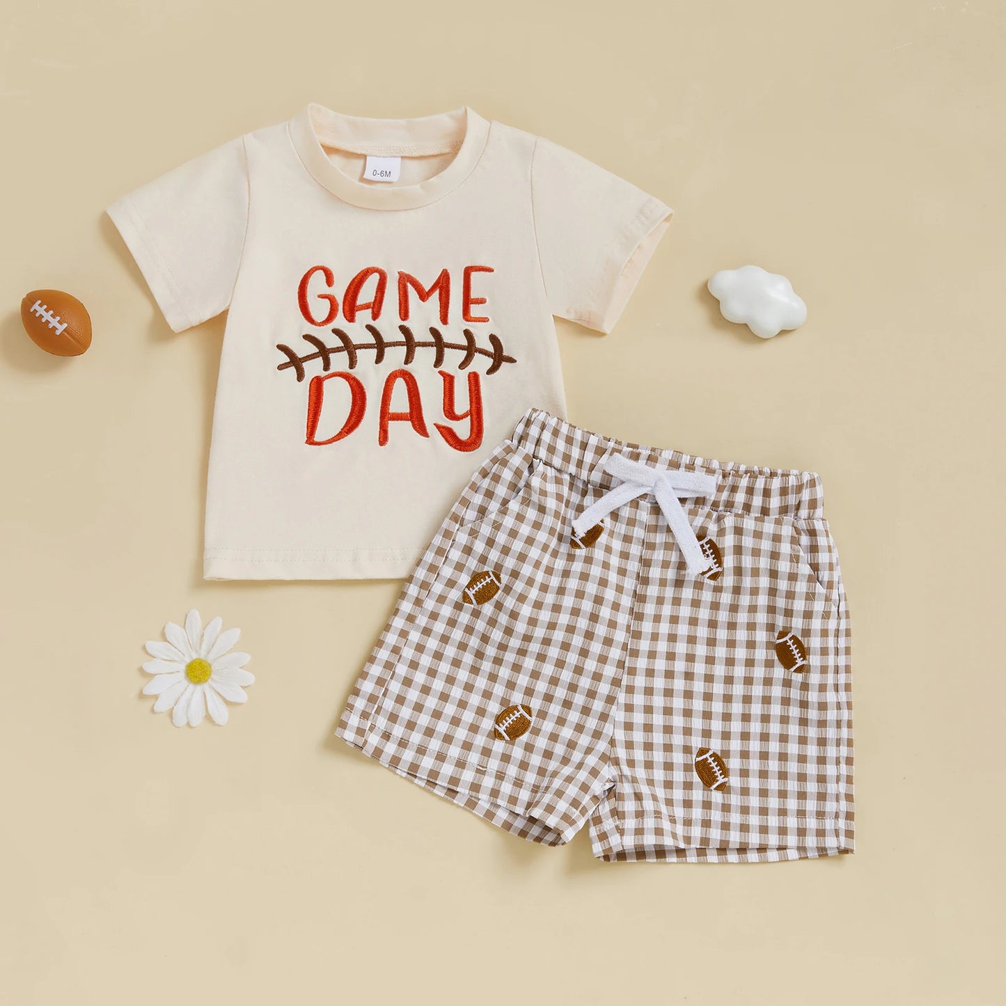 Summer Toddler Baby Football Outfit Loose Fit Letter Print Short Sleeve T-Shirt with Plaid Shorts 2 Pcs Set