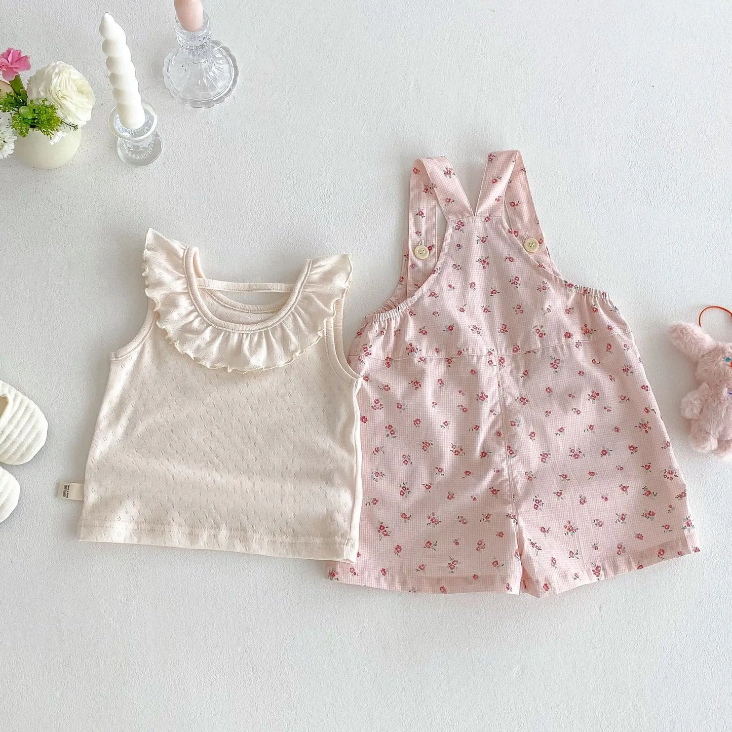 2025 New Summer Baby Girl Korean Style Clothes Breathable Cotton Polyester Ruffled Doll Collar Vest & Floral Overalls