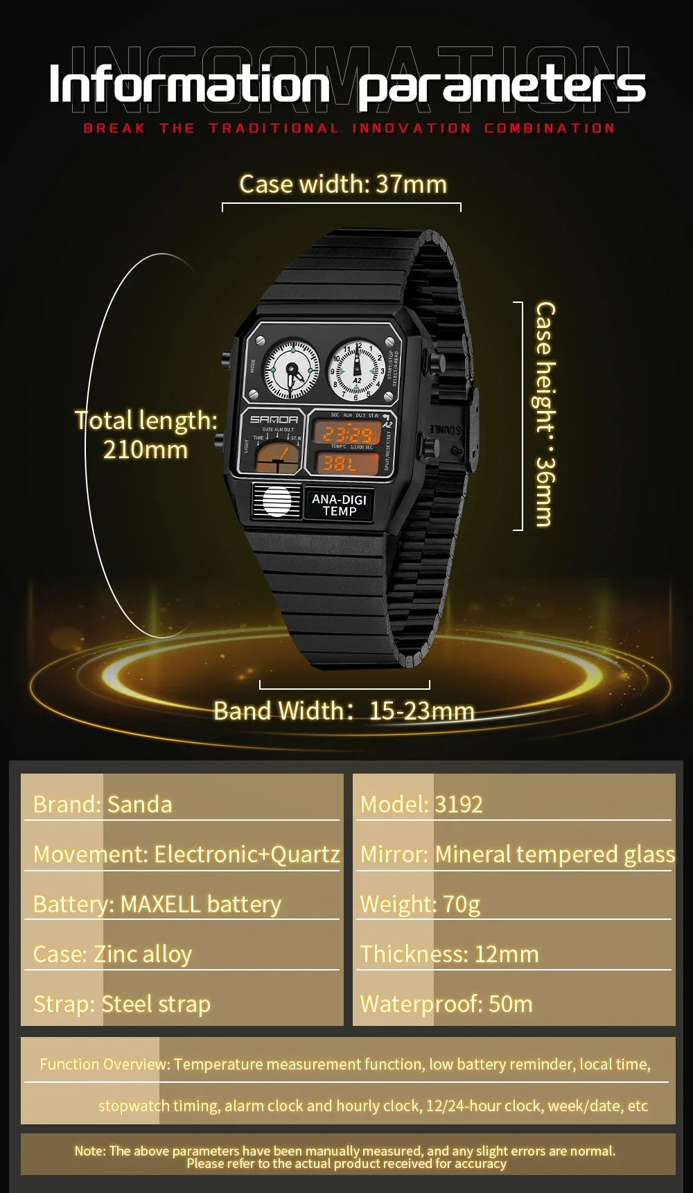 SANDA 3192 Youth Casual Multi-function Thermometer Stopwatch Chronograph Men’s Watch Hot-selling LED Electronic Square Men's