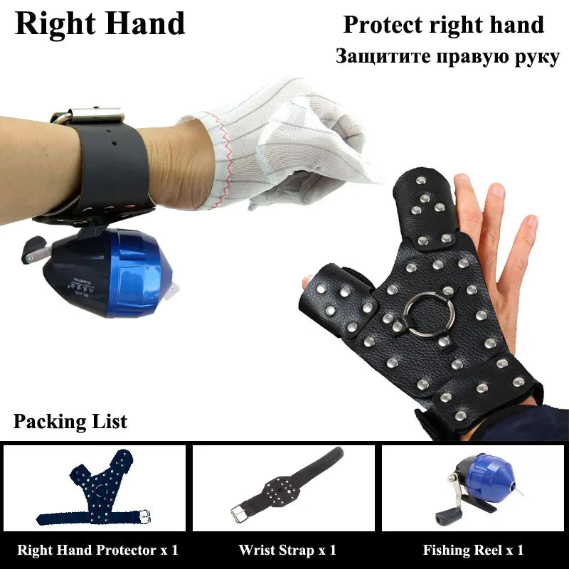 Hunting Fishing Fish Shooting Protection Kit Glove Wrist Strap Mini Reel Slingshot Not Included