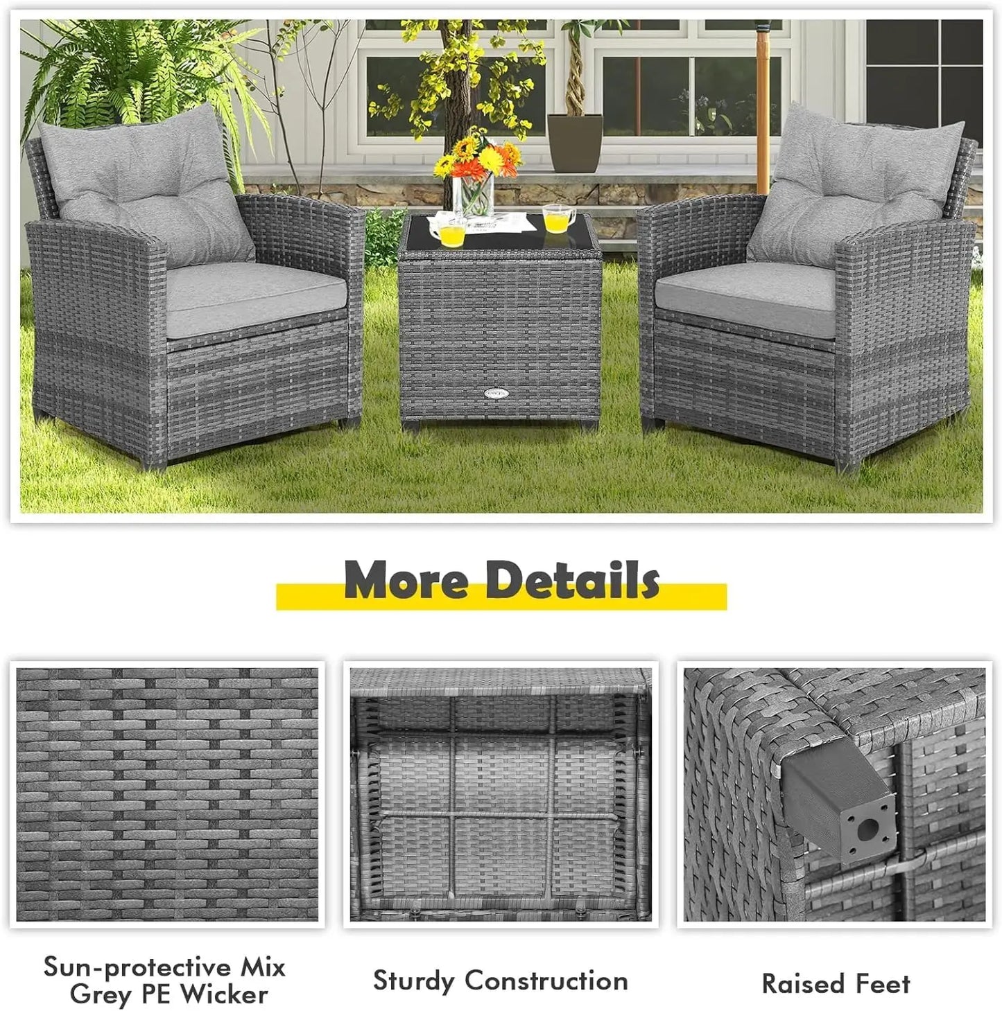 LDAILY Patio Furniture Set, 3 Pieces PE Rattan Wicker Patio Sofa Chairs with Washable Cushion & Glass Table, Outdoor Furniture C