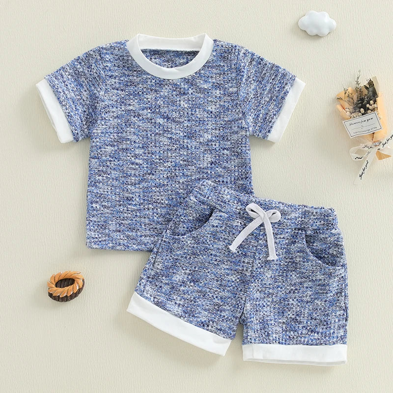 2025-02-21 Lioraitiin Toddler Boy Girl Shorts Set Short Sleeve T-shirts Elastic Waist Shorts Waffle Outfit Casual Summer Clothes