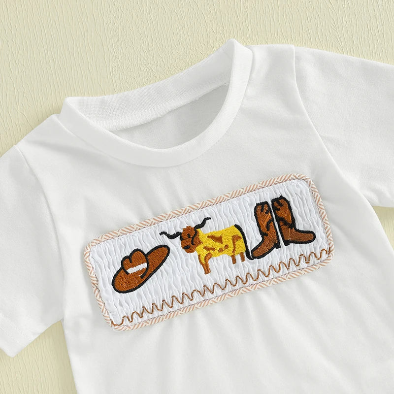 2025-02-19 Lioraitiin Toddler Baby Boy Western Outfit Cattle Short Sleeve Tops Printed Elastic Waist Shorts Summer Set