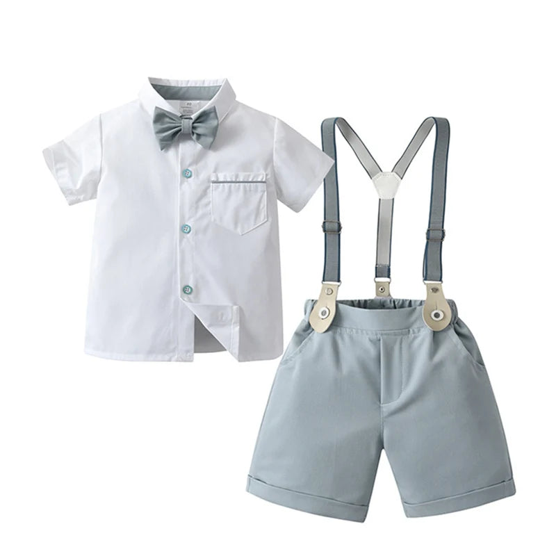 Baby Boy Clothes Set Summer Short Sleeve Shirt Bowtie +Suspenders Shorts 3pcs Kids Birthday Party Children Gentleman Suit