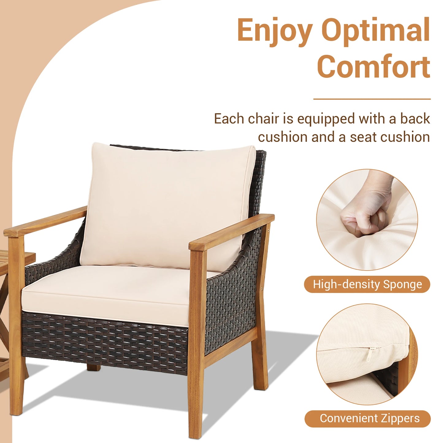 3PCS Patio Wicker Furniture Set Cushioned Armchairs with 2-Tier Side Table Balcony