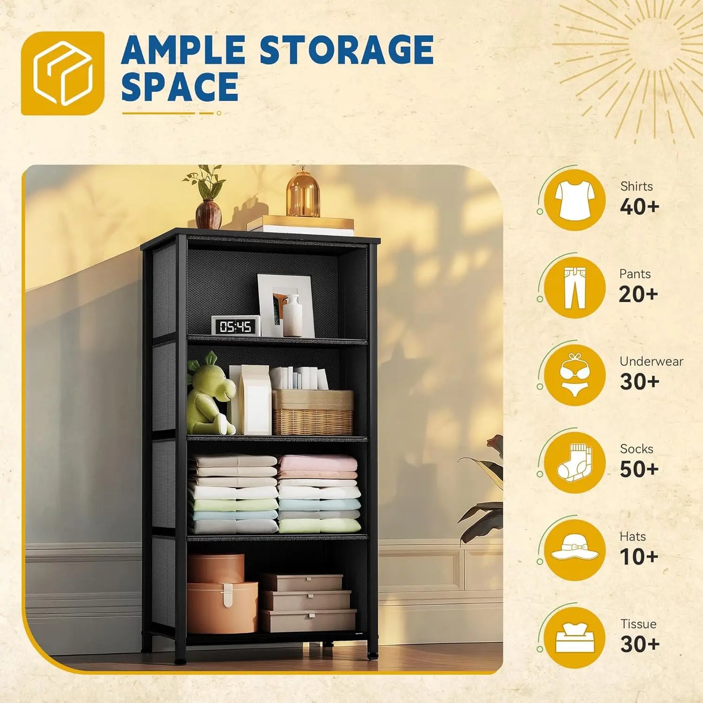 Storage Tower with 4 Drawers - Fabric Dresser, Organizer Unit for Bedroom, Living Room, Closets - Sturdy Steel Frame