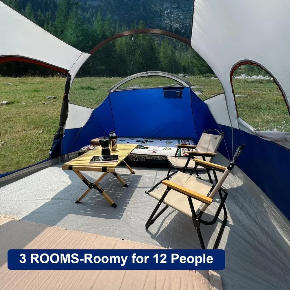 Tent-12-Person-Camping-Tents, Waterproof Windproof Family Tent with Top Rainfly, 6 Large Mesh Windows, Double Layer, Easy Set U