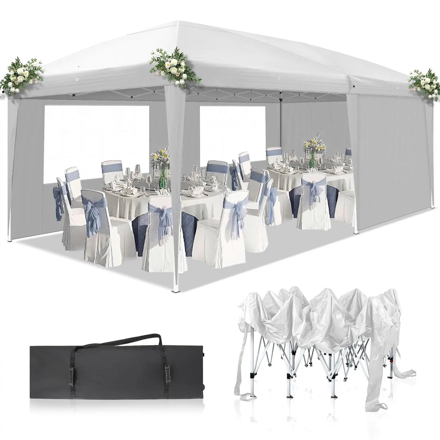 3x6m Waterproof Folding Tent with 2 Windows - White Outdoor Canopy for Events & Camping