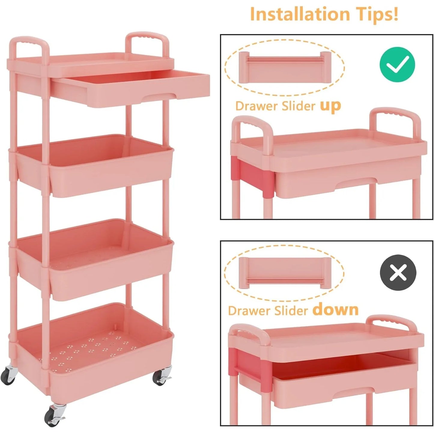 4-Tier Rolling Utility Cart with Drawer,Multifunctional Storage Organizer with Plastic Shelf & Metal Wheel,Storage Cart,Pink