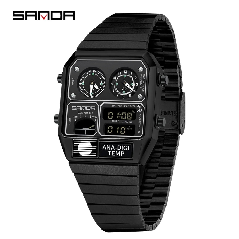 SANDA 3192 Youth Casual Multi-function Thermometer Stopwatch Chronograph Men’s Watch Hot-selling LED Electronic Square Men's