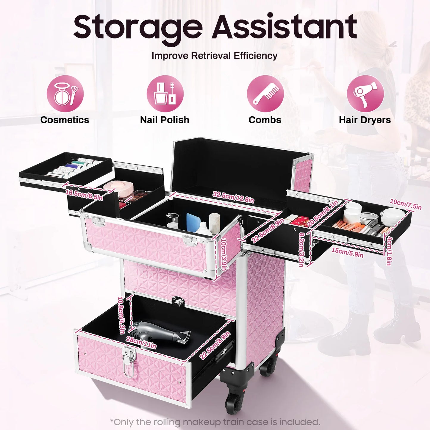 Pink Makeup Luggage Suitcase on Wheels Large Rolling Trolley Makeup Case with Telescopic Handle for Professional Makeup Artist