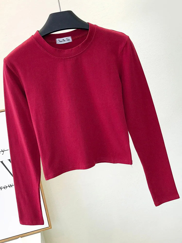 Sexy Black Women's Clothing O-Neck Long Sleeve Navel Autumn Base Women's Clothing Fashion Casual Ropa Mujer